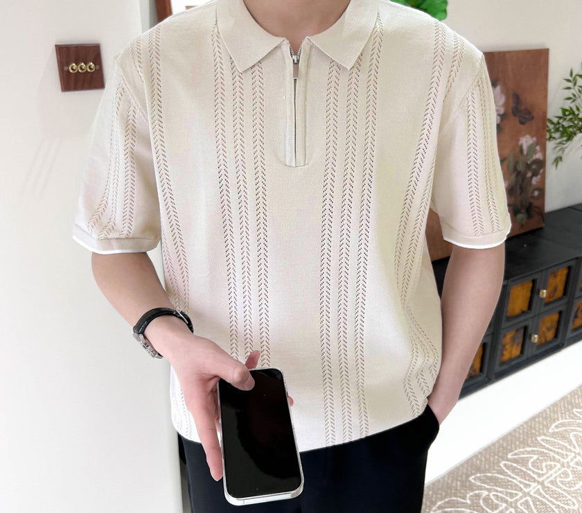 Wisetie Elegant Jacquard Knit-Zip Polo Shirt
