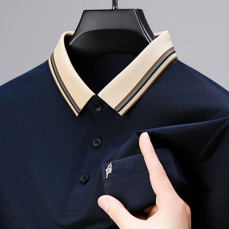 Luxe Stripe-Collar Cotton Blend Polo Shirt with Pocket