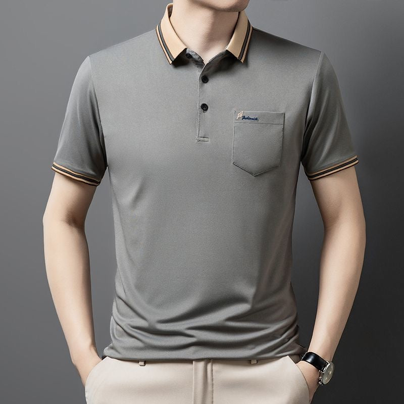 Luxe Stripe-Collar Cotton Blend Polo Shirt with Pocket